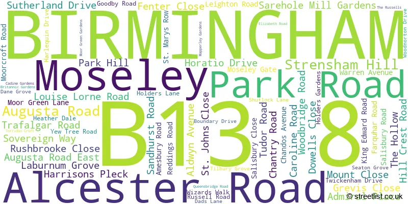 A word cloud for the B13 8 postcode